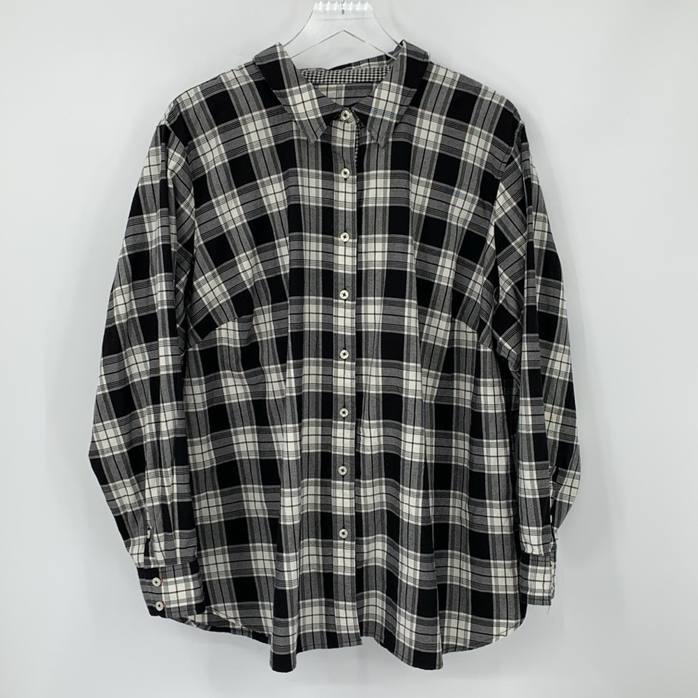 Talbots Plus button shirt top blouse cotton black white plaid check gingham 3X